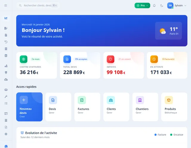 Interface du logiciel de devis et facturation Synobat pour artisans du bâtiment